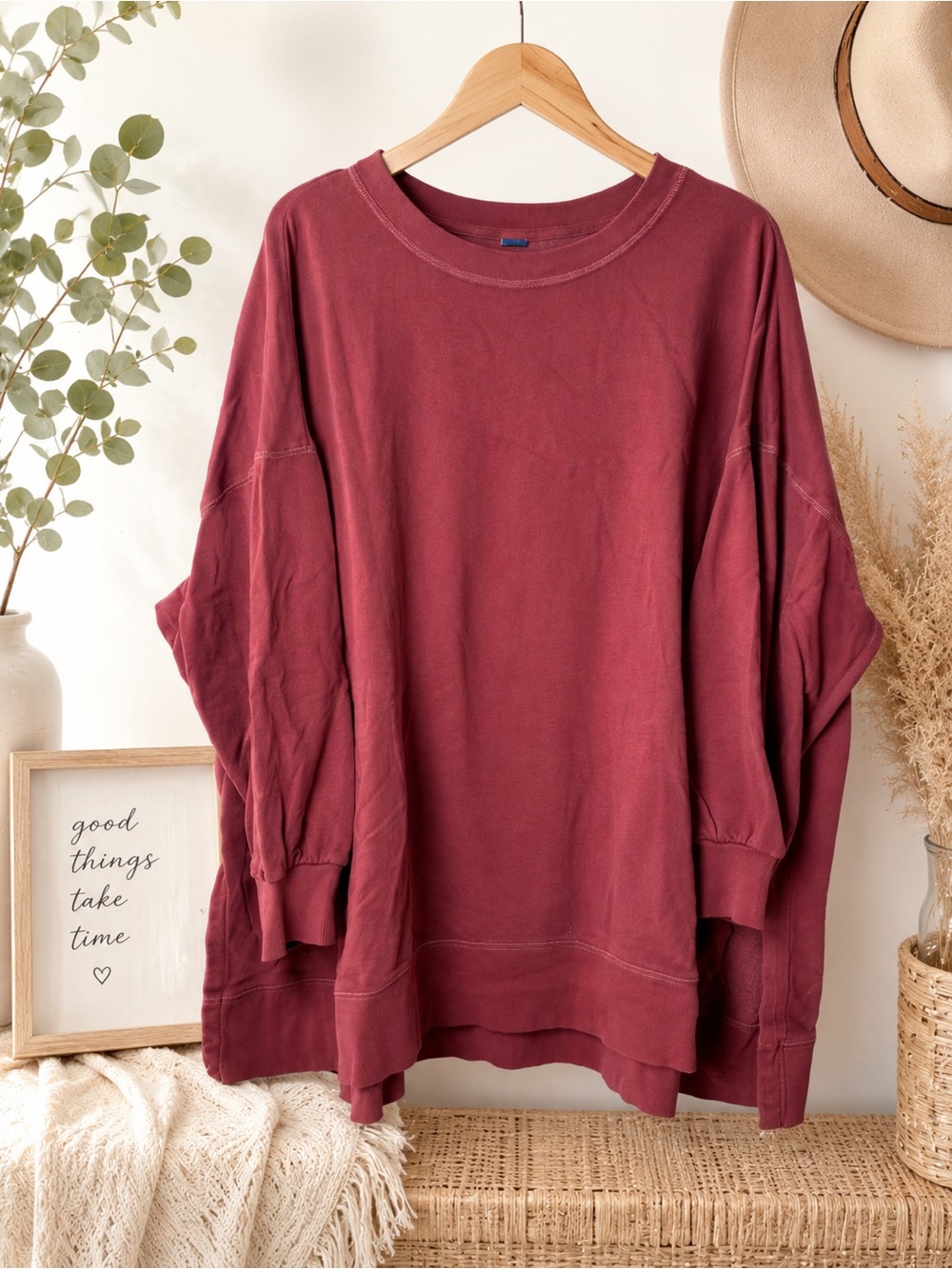 Old Navy Burgundy So Comfy Relaxed Tunic Oversized Crewneck Sweatshirt